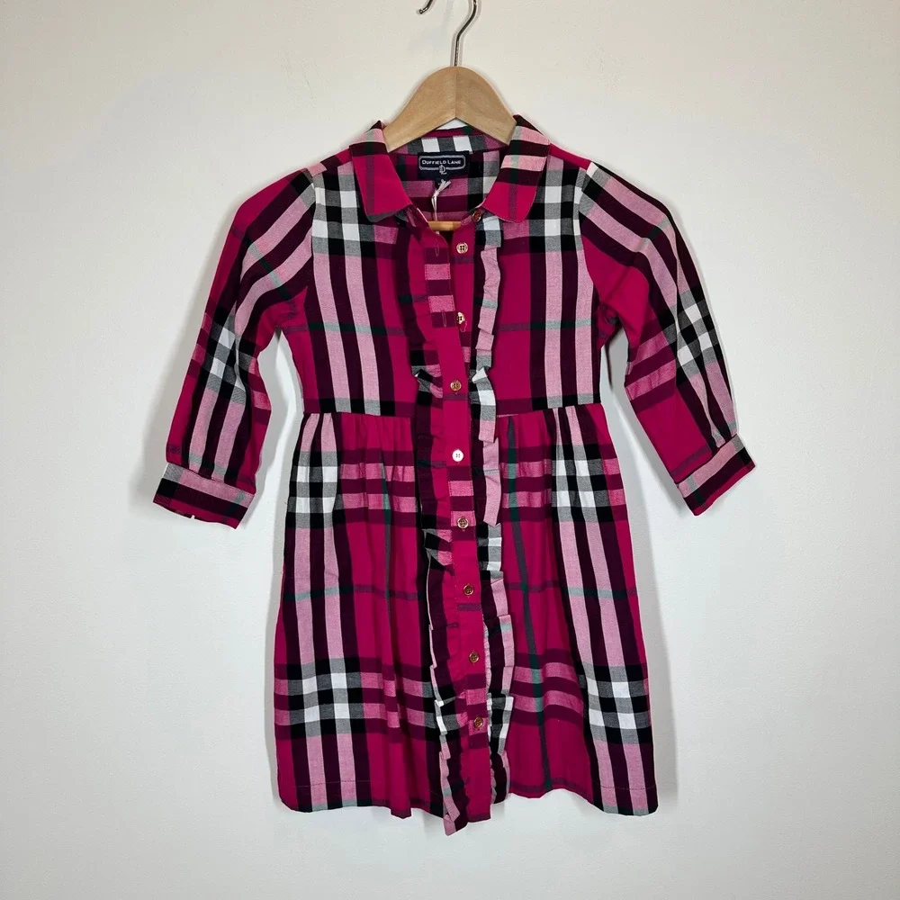 NWT Duffield Lane Ingrid Dress Girls 8 Pink Plaid Cotton Ruffle Button Preppy